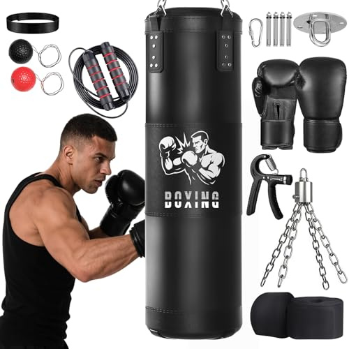 Qoosea Sacco da Boxe per Adulti, 1.2m Appendere Sacchi da Boxe da Muro con Guanti e Catena, Stabile Pungiball Sacco Box Set per Pratica di Taekwondo Karate MMA Fitness (Non Riempiti)