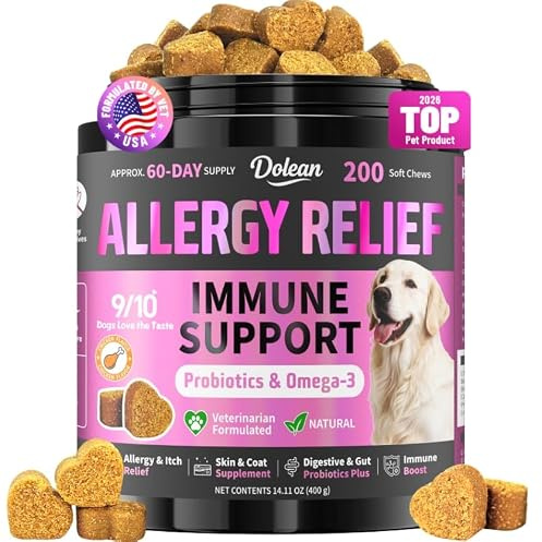 Dog Allergy Relief Chews, 200 Dogs Itchy Skin Relief Soft Chews with Colostrum, Probiotics, Fish Oil, Omega 3 Dry Skin, Paw Licking, Ear Itching, Gut Support & Seasonal Comfort – Chicken Flavor