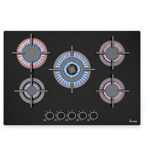 KKT KOLBE Gaskochfeld G805G, 74 cm | autark, 10,6 kW, 5 Brenner, Wok-Zone, rahmenlos, Knebelbedienung, gusseiserne Topfträger, Glas, Propangas, Erdgas