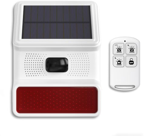 PGST Sirène solaire, sirène d'alarme de sécurité extérieure avec lumière clignotante, détecteur de mouvement, étanche IP65, télécommande, 21 options de commutation sonore, bruyant de 120 dB pour ferme