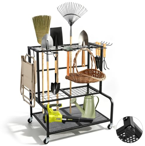 Eirolace Porta Attrezzi da Giardino su Ruote,con Fessure E Ganci | Con Ruote Piroettanti,In Acciaio Al Carbonio,Antiruggine,Organizer Per Attrezzi Da Giardino Ideale Per Scope,Rastrelli,Pale