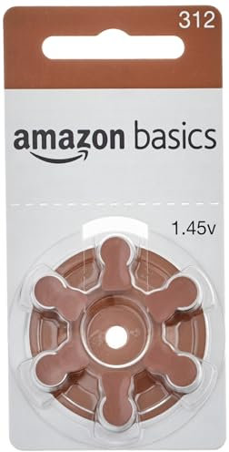 Amazon Basics Confezione da 60 batterie zinco-aria per apparecchi acustici, misura 312, 1,45 Volt, linguetta marrone, durata 4 anni, Confezione Sicura per Bambini (Usare le Forbici per Aprire)