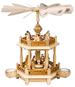 Pirámide de Navidad nacimiento de Cristo, un piso, 35 cm. de alto, natural con velas pequeñas, orginal de los Montes Metálicos (Erzgebirge) hecho por la empresa Richard Glaesser del pueblo de Seiffen