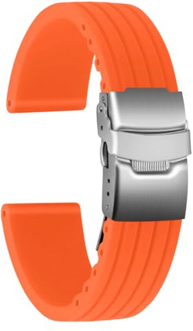 ULLCHRO Gummi Uhrenarmband Ersatzarmband Ersatz Kautschuk Armbanduhr Wasserfest Stripe Pattern - 16mm, 18mm, 20mm, 22mm, 24mm Uhrenband mit Edelstahl Faltschließe (22mm, Orange)