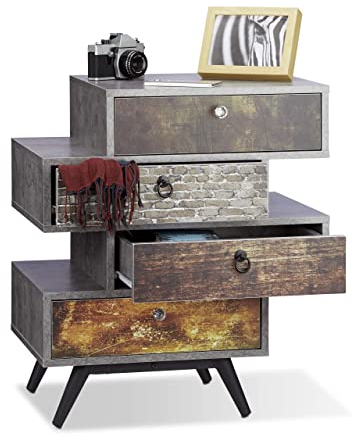Relaxdays Mobiletto vintage 4 cassetti cassettiera originale effetto cemento tiretti con motivo HLP: 68x60x40 cm, grigio