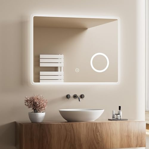Heilmetz LED Badspiegel mit Beleuchtung 80x60cm, Badezimmerspiegel mit Licht, 3 Lichtfarben Dimmbar, Antibeschlag, 3X Vergrößerung, Wandspiegel mit Beleuchtung, Energiesparend