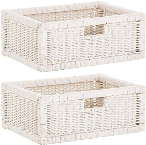 korb.outlet Set / 2 Regalkorb Weiss ca. 43x32x17,5 mit Holzrahmen Rattan Schubfach Box zur Aufbewahrung Schrankkorb Griff