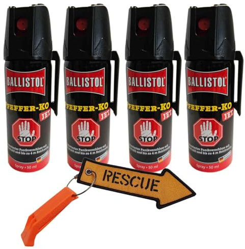 SPARSET -4X Pfeffer-KO Jet 50ml Spray – Verteidigungsspray gegen Tiere – Abwehrspray 5m Sprühweite - Panikverschluss Tierabwehr Selbstverteidigung + Notfall-Pfeife & Schlüsselanhänger Rescue