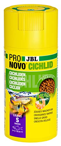 JBL PRONOVO CICHLID GRANO, Hauptfutter für kleine Buntbarsche von 3-10 cm, Klickdosierer, Fischfutter-Granulat, Größe S, 100 ml