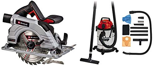 Einhell Scie circulaire portative sans fil TE-CS 18/190 Li BL-Solo Power X-Change (éclairage LED, semelle en aluminium, vendue sans batterie ni chargeur) Livré avec Aspirateur Synchro TC-VC 1820 SA