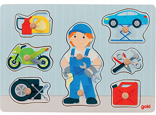 goki 57407 - Steckpuzzle Automechaniker aus Holz - 8 Teile