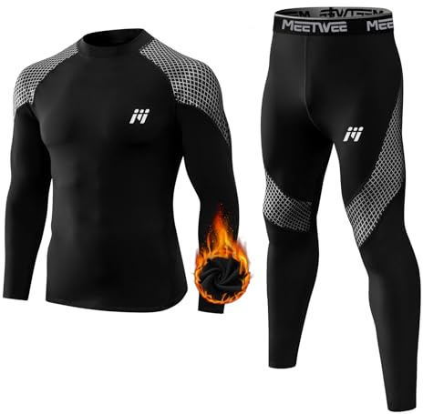 MEETWEE Biancheria Intima Termica Set Uomo, Antivento Funzionale Base Layer Asciugatura Rapida Maniche Lunghe Maglia Termica & Pantaloni per Invernali Sportiva Sci Allenamento Corsa Ciclismo