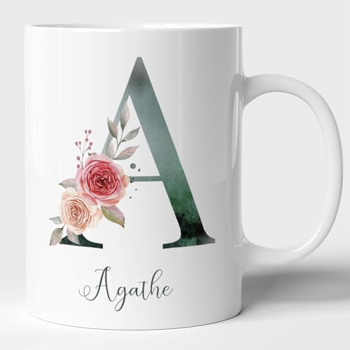 Lalasol Tasse à Café et Thé Alphabet Prénom Cadeau Personnalisé Pour Fille Femme Collègue Ami Famille Anniversaire Frère Sœur – Mug Original Fleur D'Or Vintage Mignon Jaune