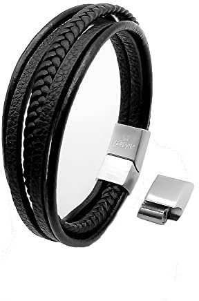 LEODYNE Geflochtenes Lederarmband in schwarz und braun - Armband Herren mit Magnetverschluss aus Edelstahl Lederarmband Männer inkl. extra Glied