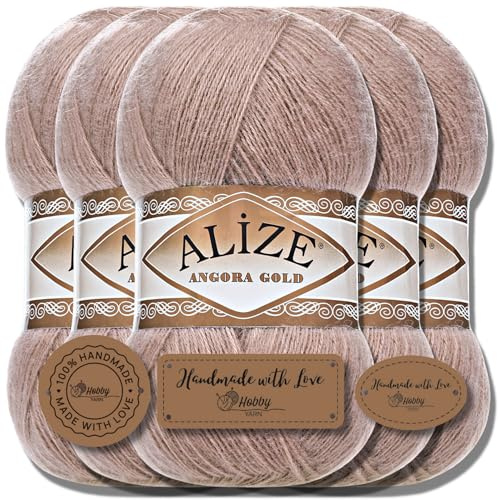 Hobby YARN 3x Etikettenlabel mit Alize Angora Gold Wolle Premium 5x100g als Set, Yarn, Garn, Dünne Mohair aus Schurwolle, Uni, Einfarbig, Strickgarn (Bark - 524)