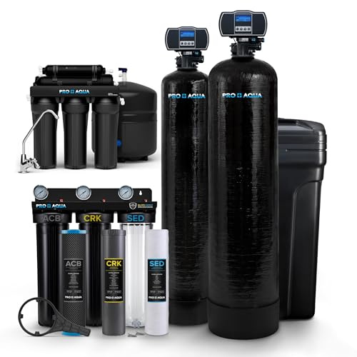 PRO+AQUA Elite 5-Stage Whole House Water Softener and Filter Bundle System for Well Water | Reduces Heavy Metals, Iron, Sulfur, Sediment, Chlorine, and More | Ideal for 3-4 Bathrooms (+ RO System)