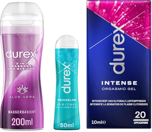 Durex Play Gleitgel Mixpackung für Frauen & Männer - Set mit Gleitmittel Aloe-Vera 200ml, Gleitgel Prickelnd 50ml und Orgasmus-Gel 10ml (3er Pack)