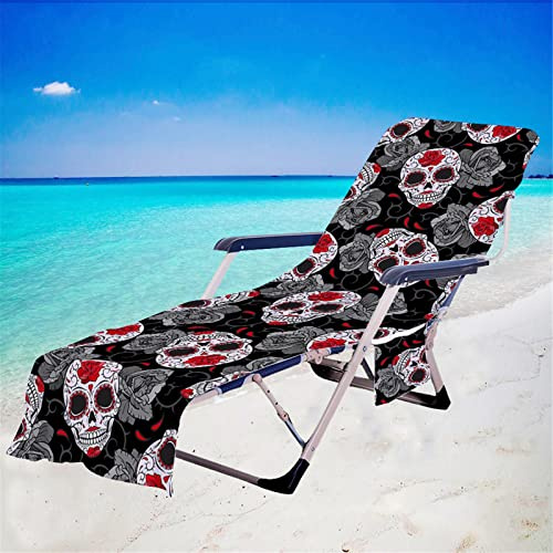 Morbuy Beach Towel with Pockets for Loungers, Skull Pattern Beach Chair Cover Towel Fitted Microfiber Sunbed Towel Sun Lounger Towels for Summer Outdoor Garden Pool Vacation (Rose Flower)