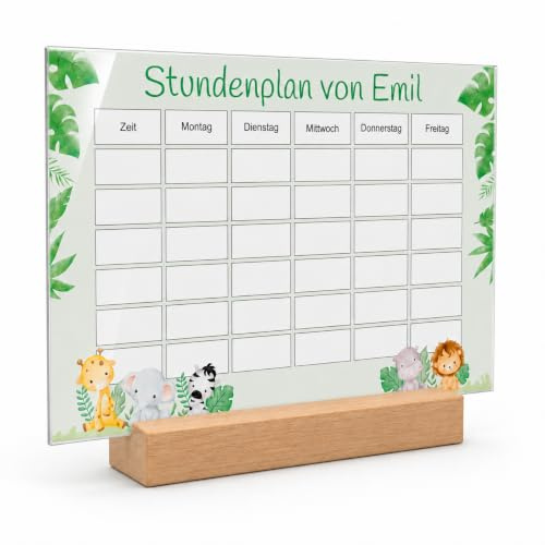 Individueller Stundenplan aus Acryl Glas mit Dschungel Tier Motiven - abwischbar & personalisiert! - Abenteuerlicher Wochenplaner zum Schulbeginn - Geschenk zur Einschulung