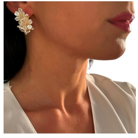 ONDEGO® 3D Blüten Ohrringe Gold Perlmutt Elfenbein Strass Ohrstecker Damen Schmuck Brautschmuck Hochzeit Geschenk