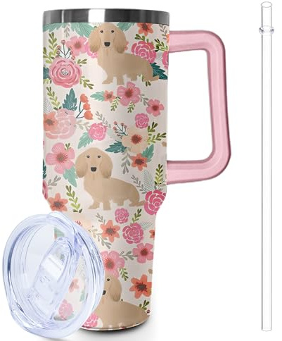 Lumumanber 1,2 l Dackel-Becher mit Griff und Strohhalm, Reisebecher aus Edelstahl, isolierter Becher mit Deckel und Strohhalm, Geburtstags- und Weihnachtsgeschenke