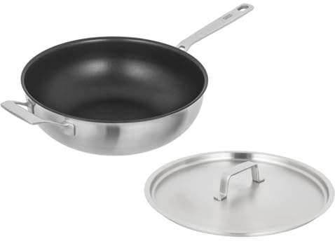 Kuhn Rikon Culinary Fiveply - Sartén Wok de Acero Inoxidable y Aluminio con Antiadherente con Tapa y Mango Soldado que se Mantiene Frío, 28 cm, Apto para Inducción. Apto para Lavavajillas