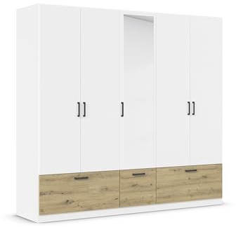 Rauch Möbel BARI, Kleiderschrank, Farbe Weiß/Eiche Artisan, Breite 226 cm | Schrank, 5-türig, Spiegel, 3 Schubladen, für Schlafzimmer, Kinderzimmer, Babyzimmer, Homeoffice, Garderobe, Flur