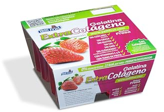 Extra Colágeno Fresa. Postre de Zumo de Frutas y Gelatina. Sabor Fresa en tarrina de 100 gramos. Pack de 12x4 = 48 tarrinas. 8g de colágeno mejora la flexibilidad y función de las articulaciones