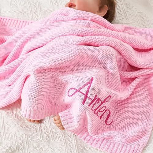 HDLOVE 100 X 80 cm Gestrickte Baumwolldecke, Personalisierbar, Bestickt Mit Namen for Babys, Jungen, Babys, Mädchen, Weiche Decke, Babyparty, Atmungsaktive Kinderwagendecke(Pink,Embroidery Name)