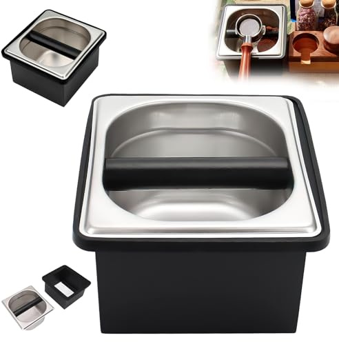 Coffee Knock Box, Stainless Steel Coffee Knock Box Anti-Slip, Espresso Coffee Bin Grind Waste Bin with Noise Reduction Rubber Ring, Silicone Bar for Knocking Coffee Filter Grinds