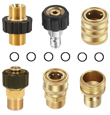 Reiwosee Nettoyeur Haute Pression Accessoires 6pcs Kit Adaptateur Nettoyeur Haute Pression, Pressure Washer Adapter Set en Laiton pour Tuyaux Et Pompes, M22-14mm Robinet Femelle Fiche 3/8
