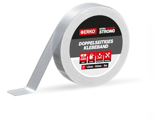 ERKO Cinta Adhesiva Doble Cara, Extra Fuerte NANO Multifuncional en el Hogar - 3m, Transparente, Lavable, Sin Huellas, Antideslizante, para Colgar Cuadros en el Hogar y la Oficina