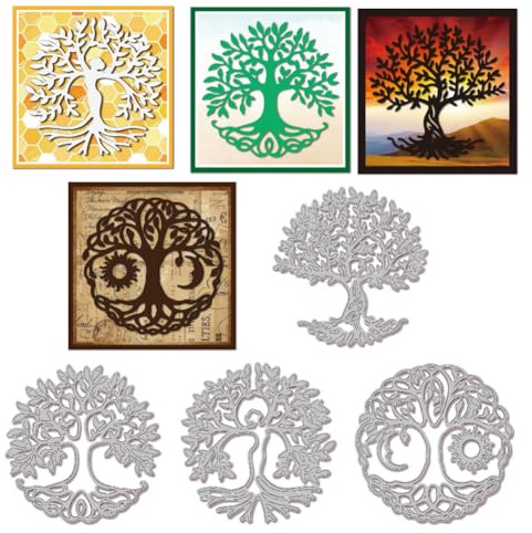 GLOBLELAND Lebensbaum Papierpräge Stanzschablonen Set Sonne Handwerk Stanzmaschine Schablonen Mond Metall Stanzschablone Set für Kartenherstellung DIY Papier Handgefertigtes