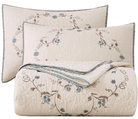 vctops 3-Piece 100% Cotton Bedspread Coverlet Set Twin Size Elegant Floral Embroidered Reversible Patchwork 1 Quilt and 2 Pillow Shams (Flower B,Twin)