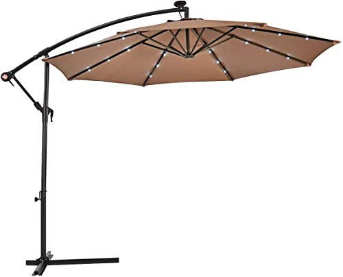 3M Premium Cantilever Parasol with Solar Powered LED Lights Banana Patio Umbrella for Garden Terrace Swimming Pool Braun Color