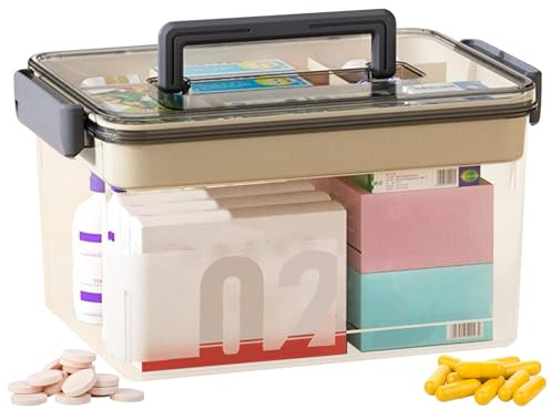 LUPATDY Contenitore per medicinali, contenitore con coperchio, grande, organizer per medicinali, a doppio strato, con manici, per la casa, grigio