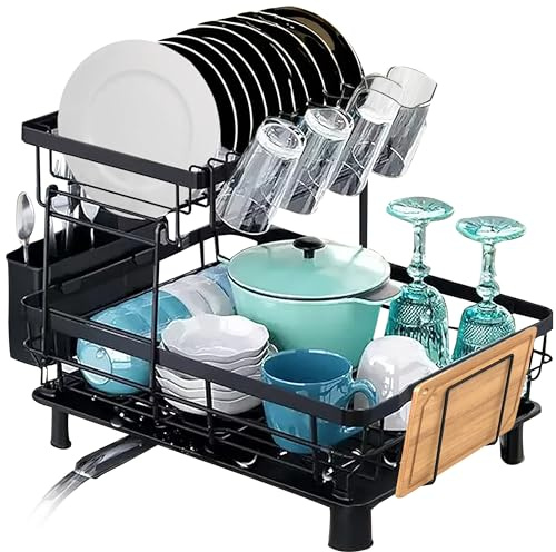 CHCOMFORT 2-Tier Dish Drainer Rack – Premium Carbon Steel, Black | Bonus Towel, 360° Swivel Drain Spout, Anti-Rust & Anti-Slip | Utensil, Cup & Cutting Board Holders, 4-Slot Drip Tray for Kitchen