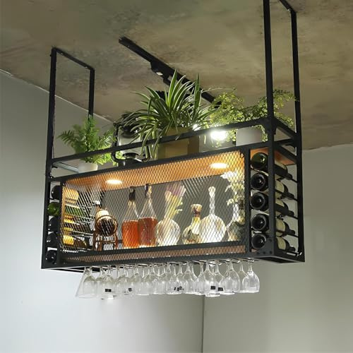 KEPMOGOH Portabottiglie sospeso in metallo con luce LED, portabicchieri da soffitto, portabottiglie rustico industriale a 2 livelli, portacalici, per bar, caffetteria e cucina (80cm)