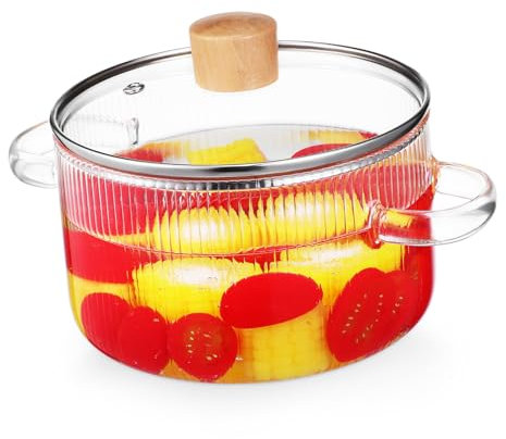 Yardwe Glass Simmer Pot with Lid and Wooden Handle 1.6l Glass Saucepan Stewing Pot for Stove Top Cooking Soup and Milk