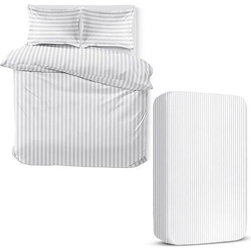 MOONLIGHT20015 4 Piece Double Bedding Set Satin Stripes Duvet Cover Fitted Sheet with Pillow cases Hotel Quality Soft Brushed Microfiber White