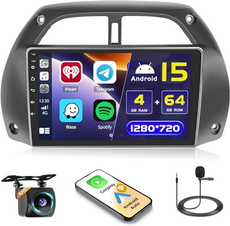 Hikity 4+64GB Android 15 Autoradio för Toyota RAV4 2001-2006 Med Trådlös Carplay Android Auto, 9 Tum Skärm med Navi WiFi Bluetooth FM RDS SWC Backkamera