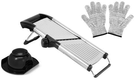 Mandoline professionnelle | Avec gants de protection, Poignée ergonomique, Lame réglable de 0 à 9 mm, 2 lames juliennes