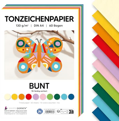 MarpaJansen Tonzeichenpapier Buntmix DIN A4 zum Basteln & Gestalten | 60 Bogen in 10 Farben, 130 g/qm² stabiles Papier | Blauer Engel zertifiziert, ideal für Karten & DIY Projekte