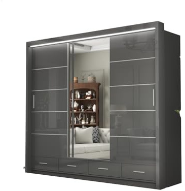DELUXEWARE Modern 2 & 3 High Gloss Sliding Door Wardrobe with Mirror & Led Light – MDF Bedroom Wardrobe with Drawers, Hanging Rail, & Shelves for Bedroom Furniture (Grey, 255cm)