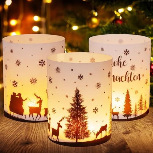 ‎‎Forbabe 12 Windlicht Tischdeko Weihnachten, Frohe Weihnachten Tisch Deko Schöne Weihnachtsdeko Tisch mit Weihnachtsbaum Rentier Motive Wiederverwendbar Weihnachtsfeier Deko Weihnachts Windlichter
