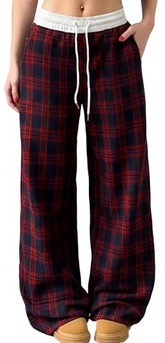 Adigau Pantalon Vintage à Carreaux pour Femme Pantalons Décontracté à Taille Basse Pantalon de Jogging Large à Poches Pantalons Long Y2K Streetwear