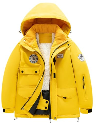 Veste de ski imperméable pour garçons – Manteau d'hiver coupe-vent avec doublure en polaire épaisse matelassée – Vêtement d'extérieur à capuche confortable, jaune, 12-13 ans