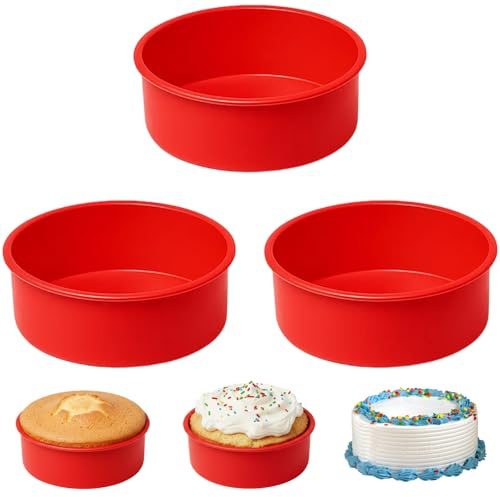 GYTFOG 3 PCS Silicone Cake Moulds, 6 Inch Cake Tins for Baking, Round Cake Baking Pan, Non-Stick and Quick Release Baking Pans Cheesecake Bread Cheese Rainbow Cake, Mousse Muffin (Red)