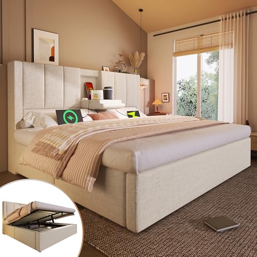 Dolamaní Bett 160x200 cm Leinen, Doppelbettt mit verstecktem Becherhalter & USB im Kopfteil, Hydraulischem Stauraum, modernes Jugendbett mit Lattenrost, Polsterbett, ohne Matratze (Beige A)