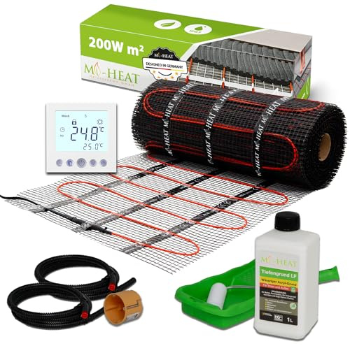 Mi-Heat Elektrische Fußbodenheizung 200W/m² 1,5m² – Dünnbettheizmatte zur Verlegung in Ausgleichsmasse – Set für Fliesen, Vinyl, Parkett & Laminat – mit Thermostat c16 digital schwarz